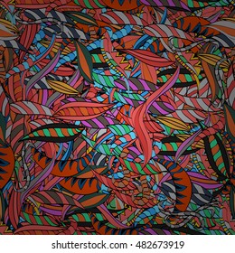 Hand drawn seamless pattern with floral stripes doodles elements. Colorful background.