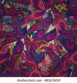 Hand drawn seamless pattern with floral stripes doodles elements. Colorful background.