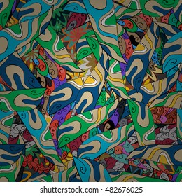 Hand drawn seamless pattern with floral stripes doodles elements. Colorful background.