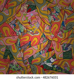 Hand drawn seamless pattern with floral stripes doodles elements. Colorful background.