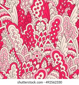 Hand drawn seamless pattern with floral elements. Colorful ethnic background. Pattern can be used for fabric, wallpaper or wrapping