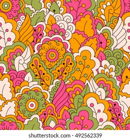 Hand drawn seamless pattern with floral elements. Colorful ethnic background. Pattern can be used for fabric, wallpaper or wrapping