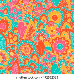 Hand drawn seamless pattern with floral elements. Colorful ethnic background. Pattern can be used for fabric, wallpaper or wrapping