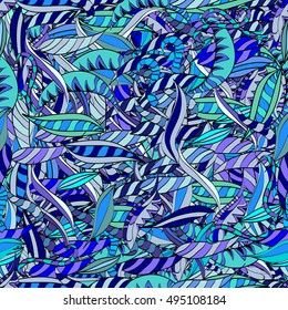 Hand drawn seamless pattern with floral stripes doodles elements. Colorful background.