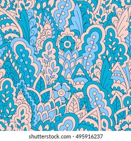 Hand drawn seamless pattern with floral elements. Colorful ethnic background. Pattern can be used for fabric, wallpaper or wrapping

