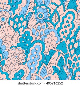 Hand drawn seamless pattern with floral elements. Colorful ethnic background. Pattern can be used for fabric, wallpaper or wrapping

