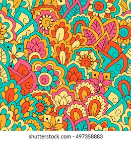 Hand drawn seamless pattern with floral elements. Colorful ethnic background. Pattern can be used for fabric, wallpaper or wrapping