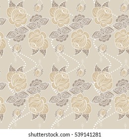 Hand drawn seamless pattern of floral ornament of roses for wallpaper background in vintage style print for textiles.Rose flower.Mehendi Tattoo Doodles collection.Vector illustration.