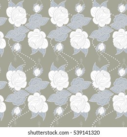 Hand drawn seamless pattern of floral ornament of roses for wallpaper background in vintage style print for textiles.Rose flower.Mehendi Tattoo Doodles collection.Vector illustration.