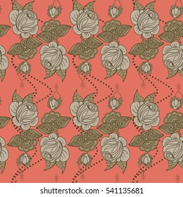 Hand drawn seamless pattern of floral ornament of roses for wallpaper background in vintage style print for textiles.Rose flower.Mehendi Tattoo Doodles collection.Vector illustration.