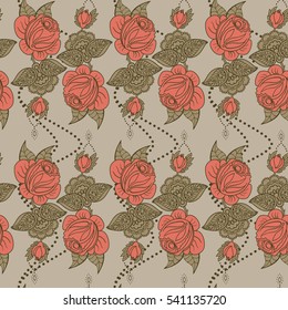 Hand drawn seamless pattern of floral ornament of roses for wallpaper background in vintage style print for textiles.Rose flower.Mehendi Tattoo Doodles collection.Vector illustration.