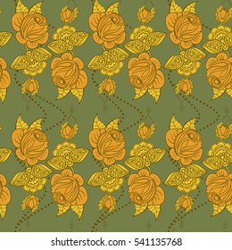 Hand drawn seamless pattern of floral ornament of roses for wallpaper background in vintage style print for textiles.Rose flower.Mehendi Tattoo Doodles collection.Vector illustration.