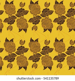 Hand drawn seamless pattern of floral ornament of roses for wallpaper background in vintage style print for textiles.Rose flower.Mehendi Tattoo Doodles collection.Vector illustration.