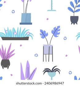 Hand drawn seamless pattern with flower pots. Doodle plants drawings with pastel trendy colors. 