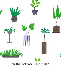Hand drawn seamless pattern with flower pots on white background. Doodle plants with green leaves realistic cartoon style. 