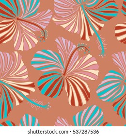 Hand drawn seamless pattern flower illustration. Multicolor seamless abstract floral background. Vector sketch of many abstract multicolored flowers on a brown background.
