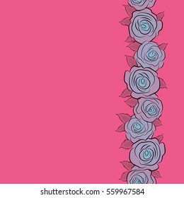 Hand drawn seamless pattern. Flower background with copy space (place for your text). Flower card with vector dog rose. Abstract pink and blue roses sketch. Vertical vintage dog rose pattern.