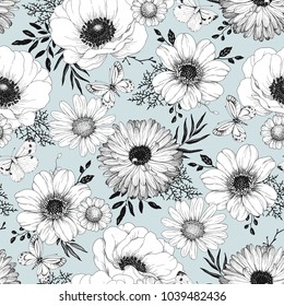 Hand drawn seamless pattern with flowers Anemone, Calendula, Chamomile and Dahlia, flying butterlies, leaves and branches. Vector nature illustration in vintage style.