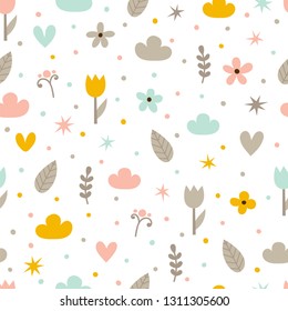 Diseño a mano sin fisuras con flores, estrellas, corazones y nubes. Marco creativo y moderno. Textura moderna y elegante. Excelente para cumpleaños, tela, textil, tarjetas, envoltura. Ilustración del vector