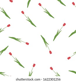 Hand drawn seamless pattern flowers with leaves.  Pink tulips  on white background.  Botanical organic spring herb.  hand drawn in doodle Collection for cards and labels, books and banners.