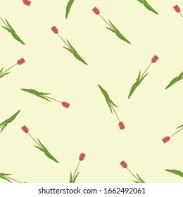 Flores trenzadas a mano sin fisuras con hojas. Flor aislada en el fondo del color. Hierba de primavera orgánica botánica. Tulipanes en estilo doodle. Colección para tarjetas y etiquetas, libros y banners.