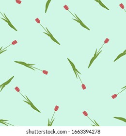 Hand drawn seamless pattern flowers with leaves. Flower isolated on color background. Botanical organic spring herb. Tulips in doodle style. Collection for cards and labels, books and banners.