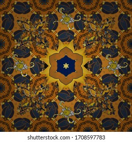 Hand drawn. Seamless pattern with flowers. Watercolor illustration. Flowers on orange, blue and brown colors.