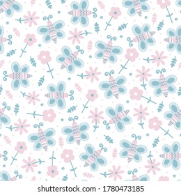 Hand drawn seamless pattern of flowers, leafs, butterfly. Seamless background for textiles, fabrics, covers, wallpapers, print, gift wrapping or any purpose