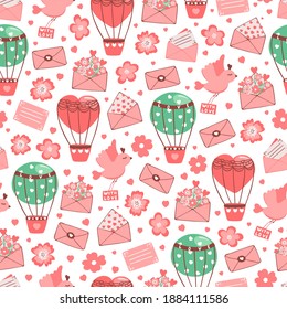 Hand drawn seamless pattern of flowers, leaves, hot air balloons, hearts, envelopes, leaflet. Illustration for design Valentine's day or Birthday card, invitation, wallpaper, wrapping paper, baby room