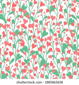 Hand drawn seamless pattern of flowers, leaves in shape of a heart. Spring floral illustration for design Valentine's day, Women's day, Birthday card, invitation, wallpaper, wrapping paper, baby room