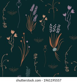 Hand drawn seamless pattern with flowers and moths, line art and dry flowers