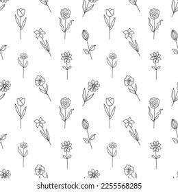 Flores de patrón sin costura dibujadas a mano en estilo doodle. Aislado sobre fondo blanco