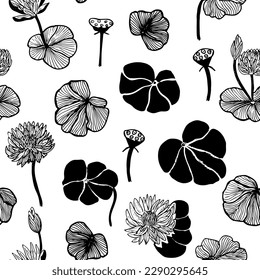 Hand drawn  seamless pattern with  flowers lotos. Seamless texture for fashion prints, wrapping, textile, paper, wallpaper. Vector graphic illustration.