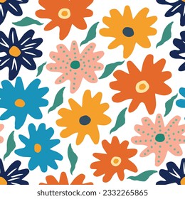 Hand drawn seamless pattern with flowers and leaves. Red yellow blue flowers. designed for wallpaper background cards packaging