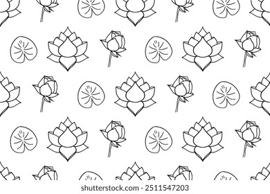 Hand drawn seamless pattern with flowers lotos. Seamless texture for fashion prints, wrapping, textile, paper, wallpaper. Vector graphic illustration.
