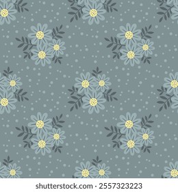 Hand drawn seamless pattern with flowers in gray swamp shades. Lovely romantic Ditsy Fashion Print for background, holiday design, wallpaper, fabric