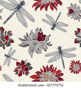 Hand drawn seamless pattern with flowers and dragonflies- vector illustration