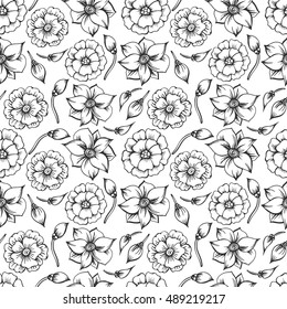 Hand drawn seamless pattern with  flowers in doodle style. Natural design for greeting card. Vector illustration, vintage sketch  background.