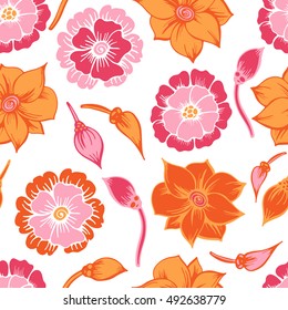 Hand drawn seamless pattern with  flowers in doodle style. Natural design for greeting card. Vector illustration, vintage sketch  background.