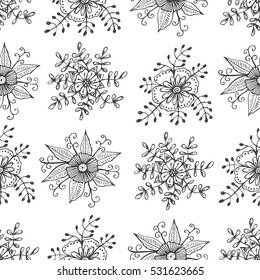 Hand drawn seamless pattern with  flowers in doodle style. Natural design for greeting card. Vector illustration, vintage sketch  background.