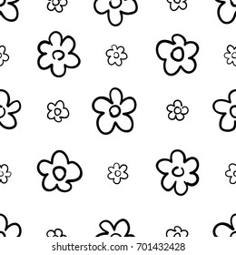 Hand drawn seamless pattern with flowers isolated on white. Endless vector primitive background. Stylish monochrome doodles. Vector illustration.