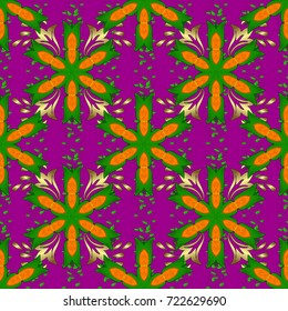 Hand drawn. Seamless pattern with flowers. Watercolor illustration. Flowers on purple, green and orange colors.