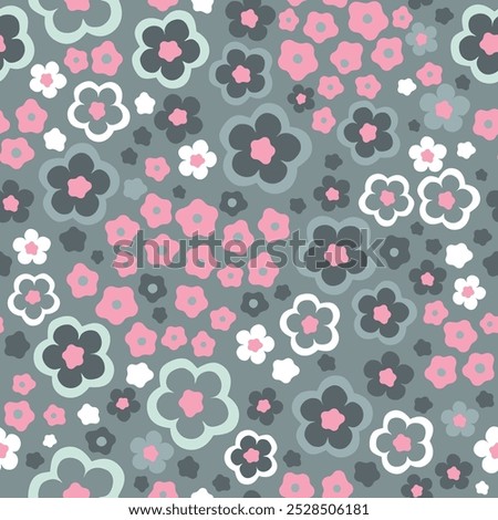 Hand drawn seamless pattern with flowers in gray swamp shades. Lovely romantic Ditsy Fashion Print for background, holiday design, wallpaper, fabric