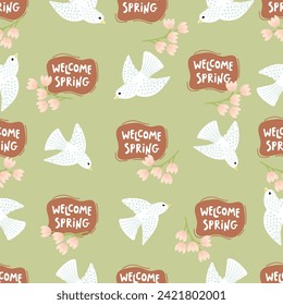 Hand drawn seamless pattern with flying birds, handwritten Welcome Spring and flowers.Abstract background with animals and rough shapes.Pink,brown,blue colors on green.Vector print ,banner template.