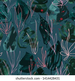 Hand drawn seamless pattern with foliage. Stylized pond water surface with textured seaweeds and plants on green backdrop. Handdrawn stylish background for fabric, wrapping, packaging paper, wallpaper