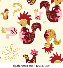 Hand drawn seamless pattern with folkloric ceramic roosters. Honduran folklore background illustration. Wallpaper, fabric design, paper, textile.