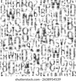 Hand drawn seamless pattern with a font consisting of dots. On the theme of matrix print, computer games, digital technology, pixels. A set of letters and numbers of an  alphabet. No AI is used