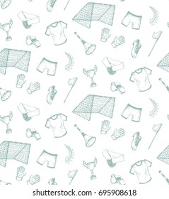 hand drawn seamless pattern with football theme. footballer, goal, cup, uniform, boots