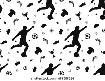 hand drawn seamless pattern with football theme. footballer, goal, cup, uniform, boots