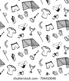 hand drawn seamless pattern with football theme. footballer, goal, cup, uniform, boots